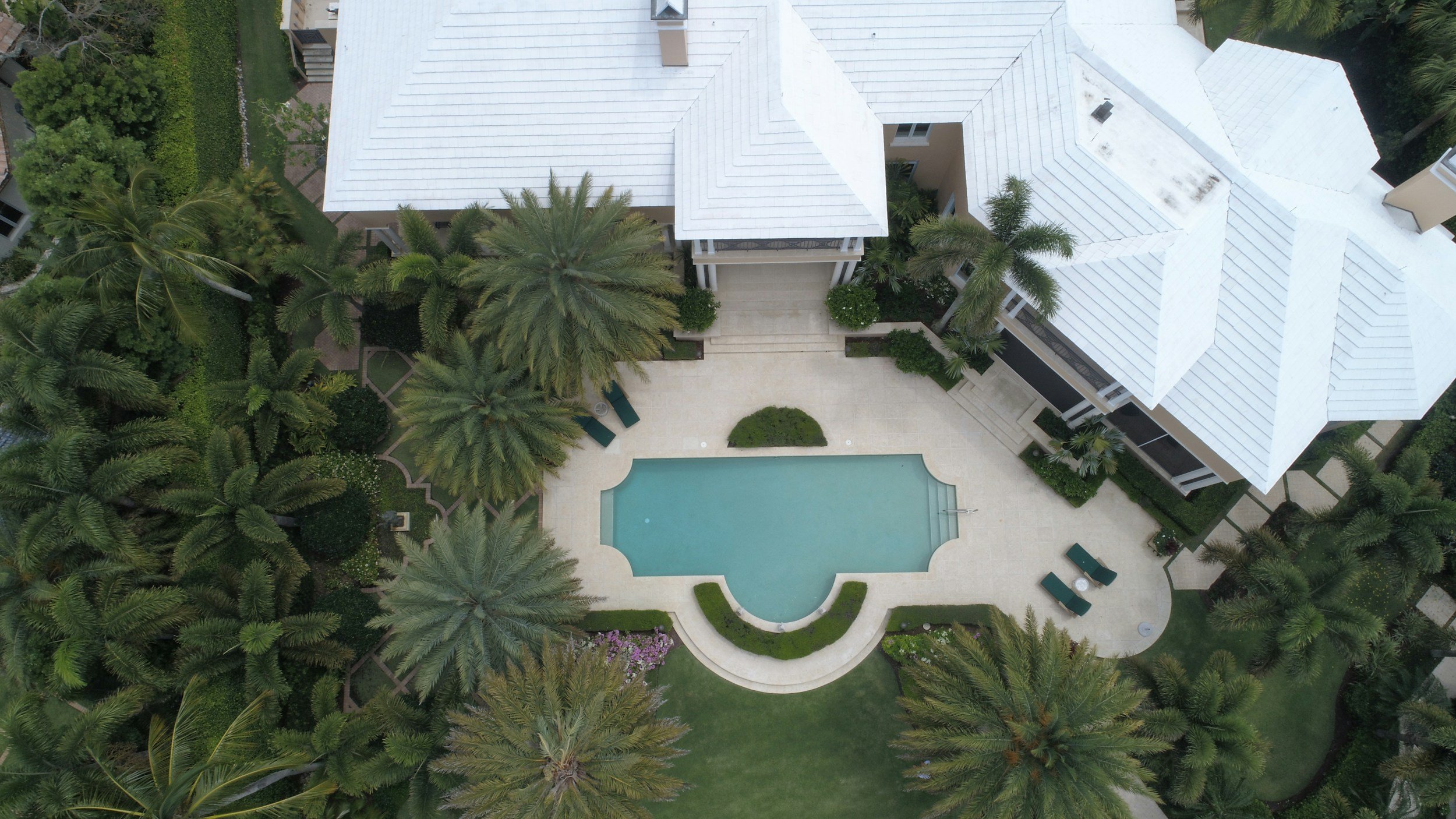 Aerial view of a large backyard with a rectangular swimming pool, landscaping, palm trees, and a house with a white roof. This is a property in Naples, florida that The Plant Nanny provides home watch and landscaping services for.