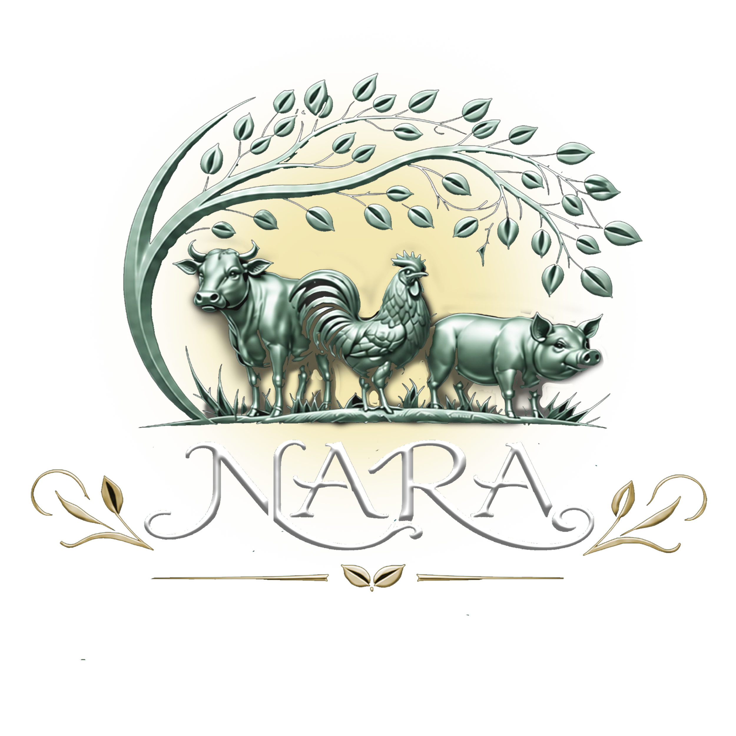Decorative design featuring a cow, a rooster, and a tree with multiple branches and leaves, set against a yellow background with ornate borders.