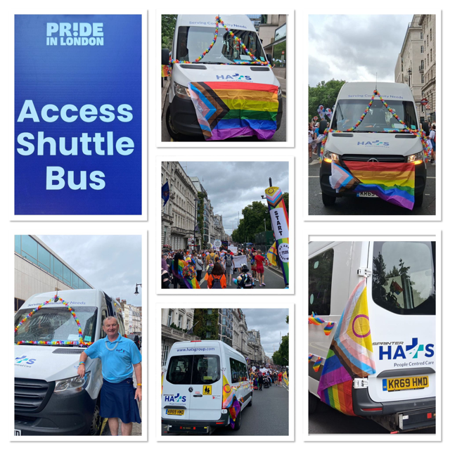 A collage of images showcasing the Pride in London Access Shuttle Bus service, provided by HATS People Centred Care. The images show white Mercedes-Benz Sprinter vans decorated with Progress Pride flags