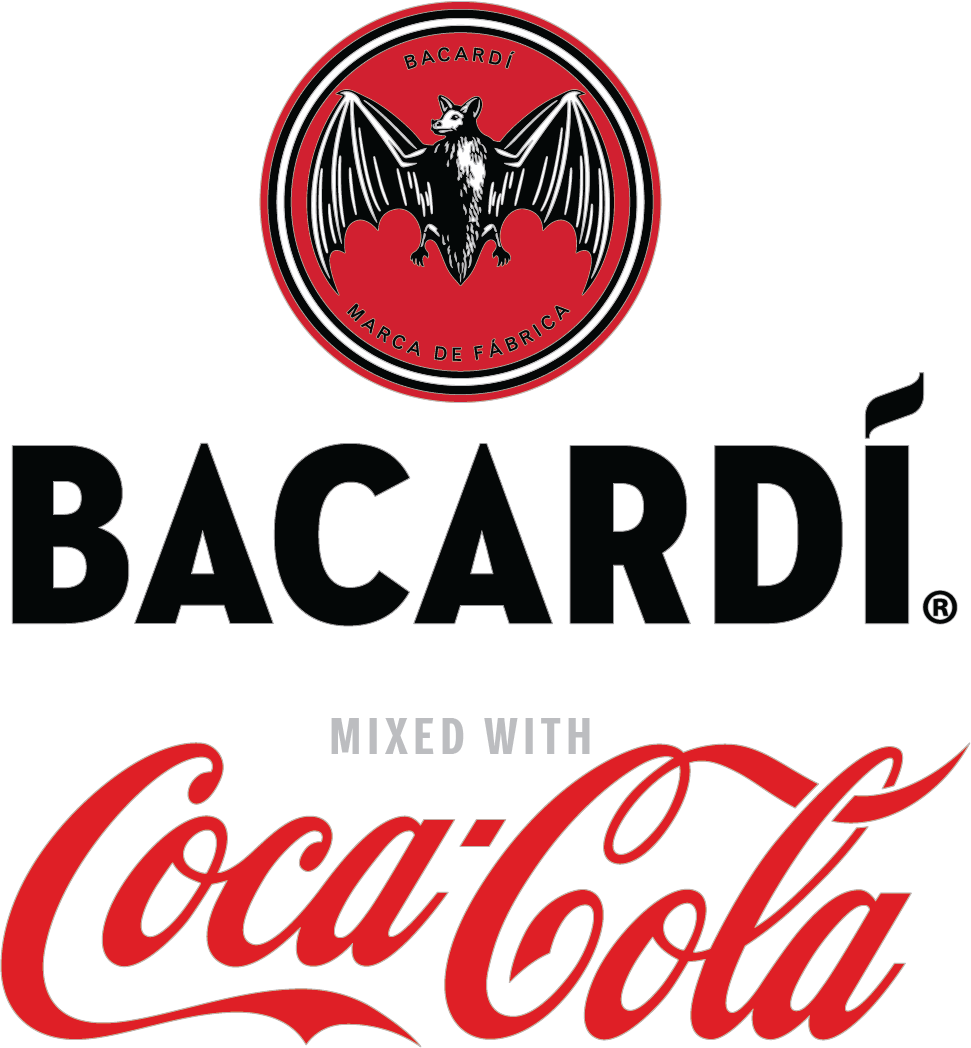 The Bacardi logo, set above the Coca-Cola wordmark, on a white background