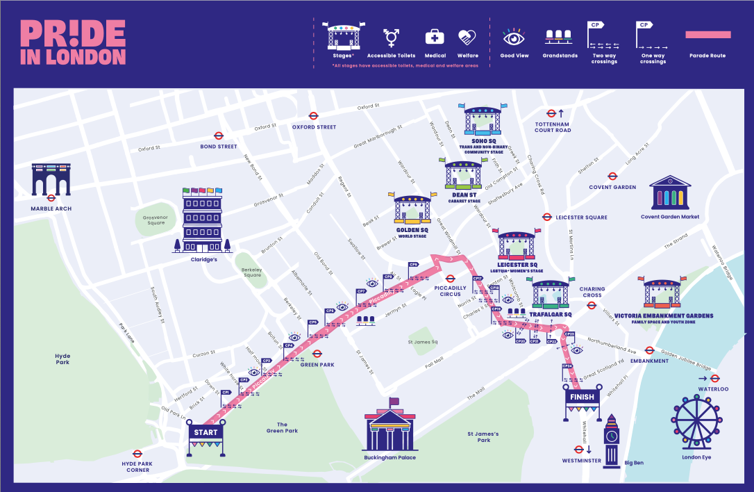 A colorful official map of the Pride in London parade route and event spaces. The map shows the parade starting at Hyde Park Corner and ending at Whitehall, with the route highlighted in pink.