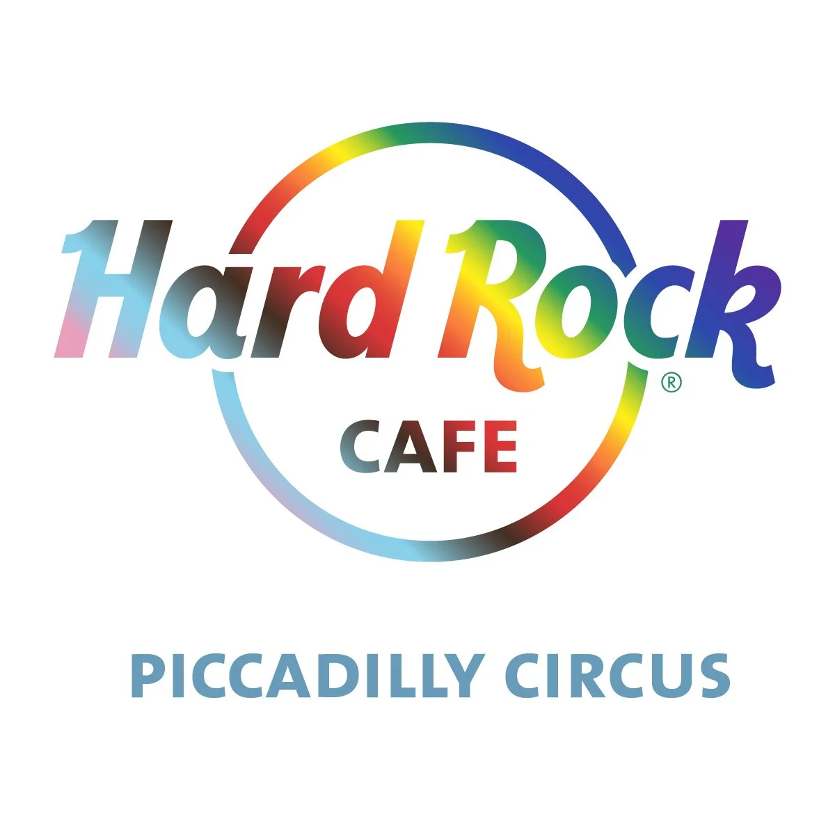 The Hard Rock Cafe logo, set above "Piccadailly Circus" and rendered in a rainbow "pride" colourway