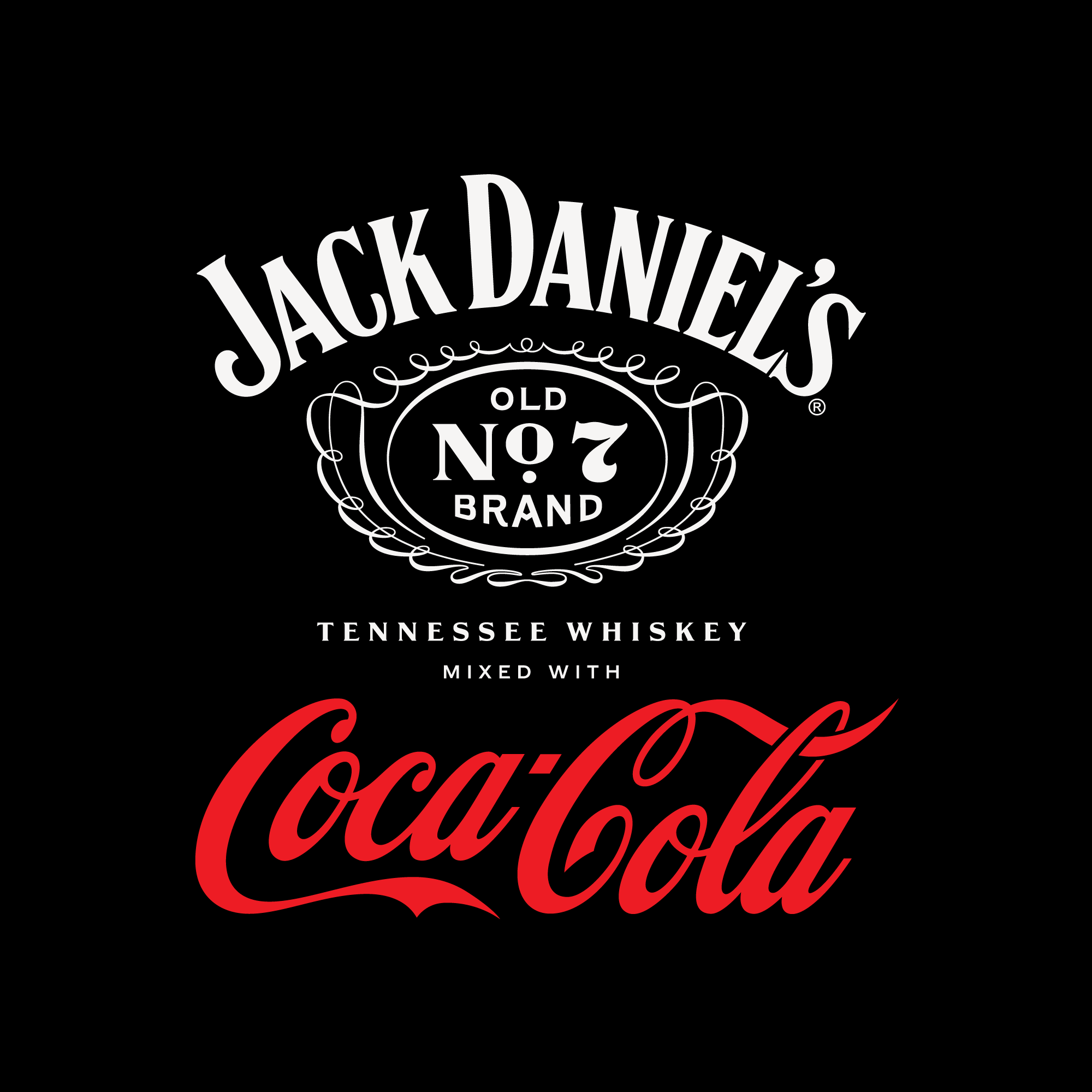 The Jack Daniels logo above the Coca-Cola wordmark on a black background