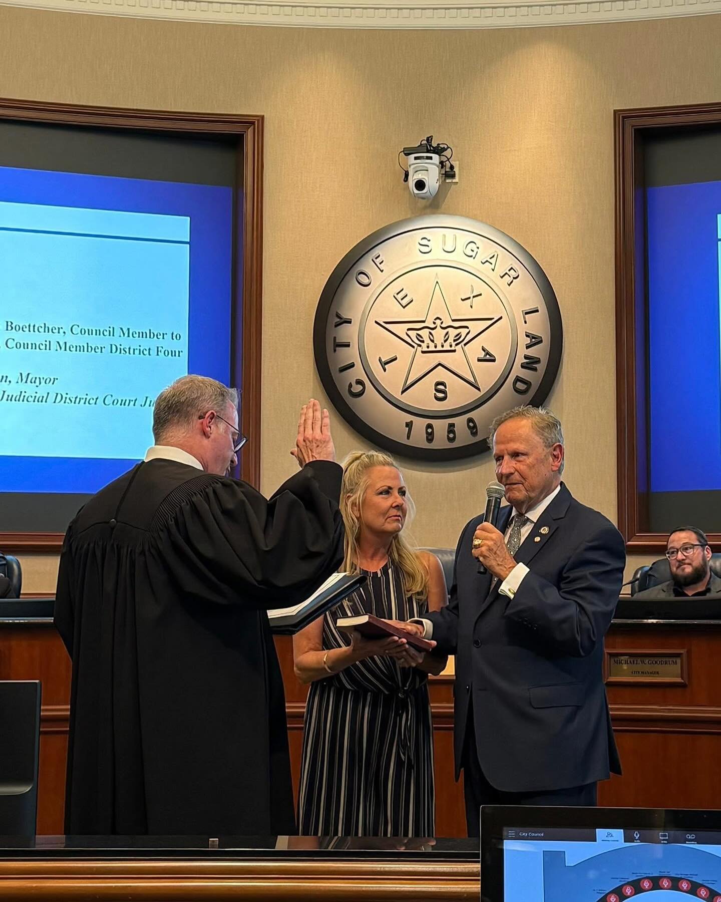 Perhaps the most meaningful thing I have been able to do so far as a judge… It was a tremendous honor to swear-in my Dad last evening as the next Sugar Land City Counsel Member for District 4. Proud of you, Dad.