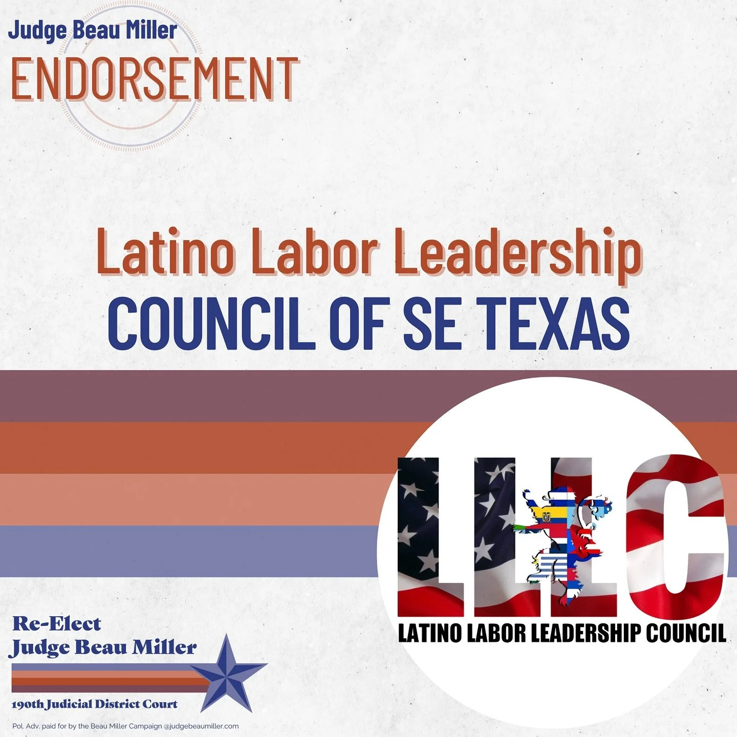 Everyone&rsquo;s with Beau!

Honored to have the endorsement of the Latino Labor Leadership of Southeast Texas.
&bull;
&bull;
&bull;
&bull;
&bull;
#judgebeaumiller #harriscounty #houston #judge #endorsement #civiljudge #democrat #votebeaumiller #expe