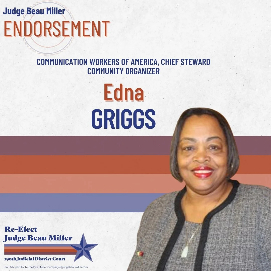 Everyone&rsquo;s with Beau!

An honor to have the endorsement of Edna Griggs, Chief Steward of Communication Workers of America.
&bull;
&bull;
&bull;
&bull;
&bull;
#judgebeaumiller #harriscounty #houston #judge #endorsement #civiljudge #democrat #vot