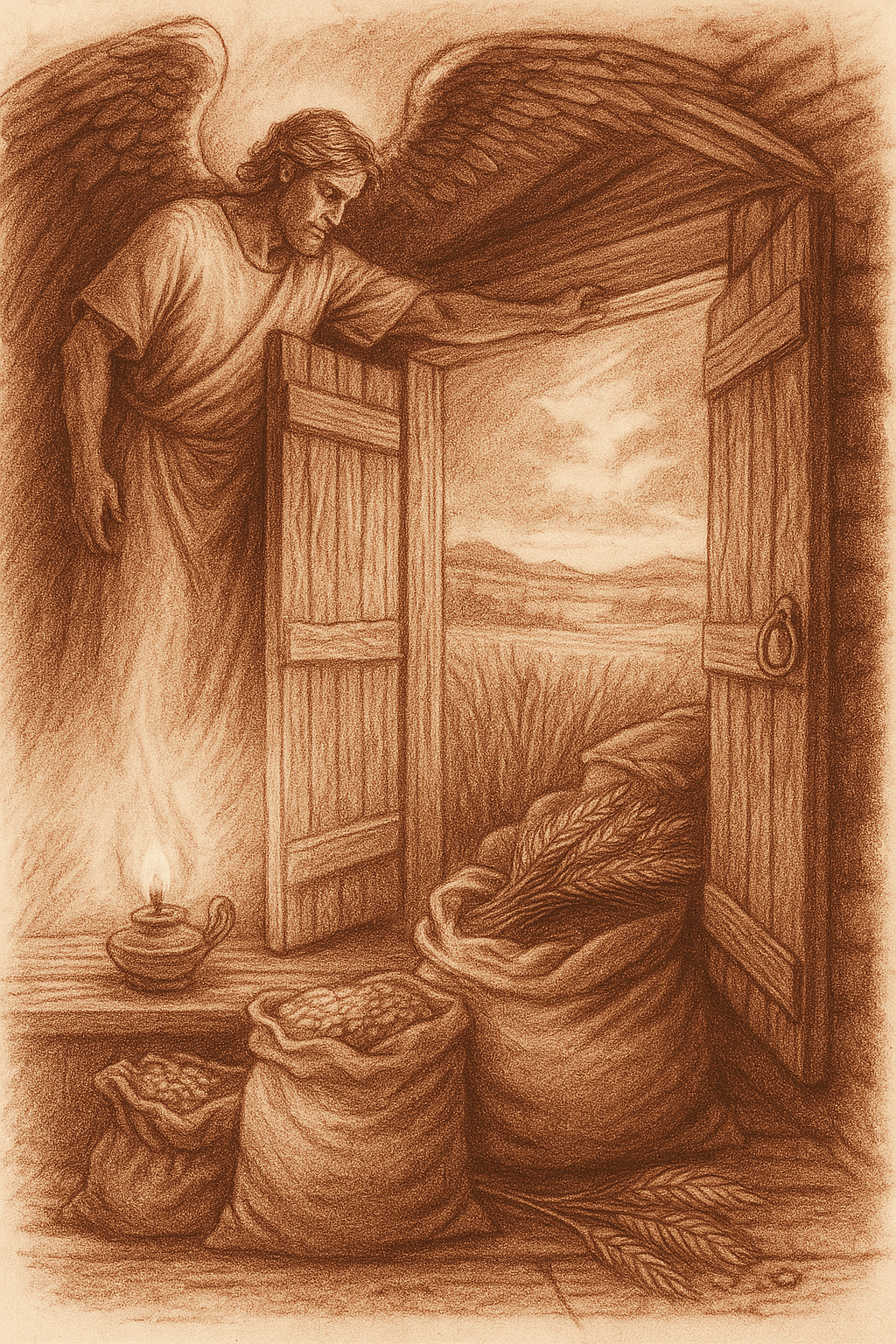 A sepia-toned drawing of an angel with large wings, looking outside a wooden open door at a landscape with mountains and fields. There are three sacks of grains and a lit oil lamp on a small table near the door.