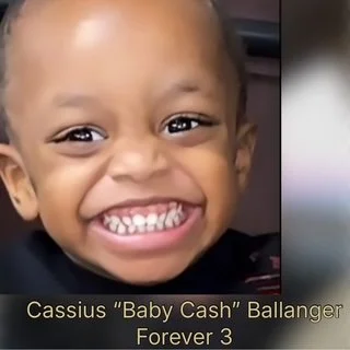 Close-up of a smiling young child showing teeth, with a caption mentioning Cassius 'Baby Cash' Ballanger, Forever 3.
