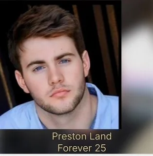 Close-up portrait of a young man with brown hair and blue eyes, wearing a light blue shirt, with text overlay reading "Preston Land Forever 25."