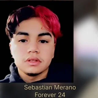 A young man with dark and red hair, wearing a dark hoodie, looking at the camera with a neutral expression. There is text at the bottom that says "Sebastian Merano Forever 24."