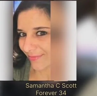 Close-up of a woman with dark hair and a slight smile, with the text 'Samantha C Scott, Forever 34' at the bottom.