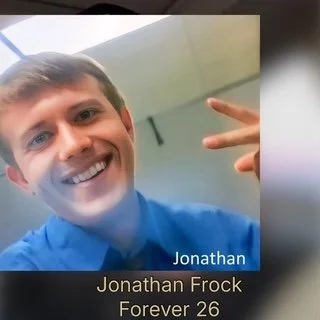 Smiling young man making peace sign, with the name Jonathan and text indicating he is 26 years old.