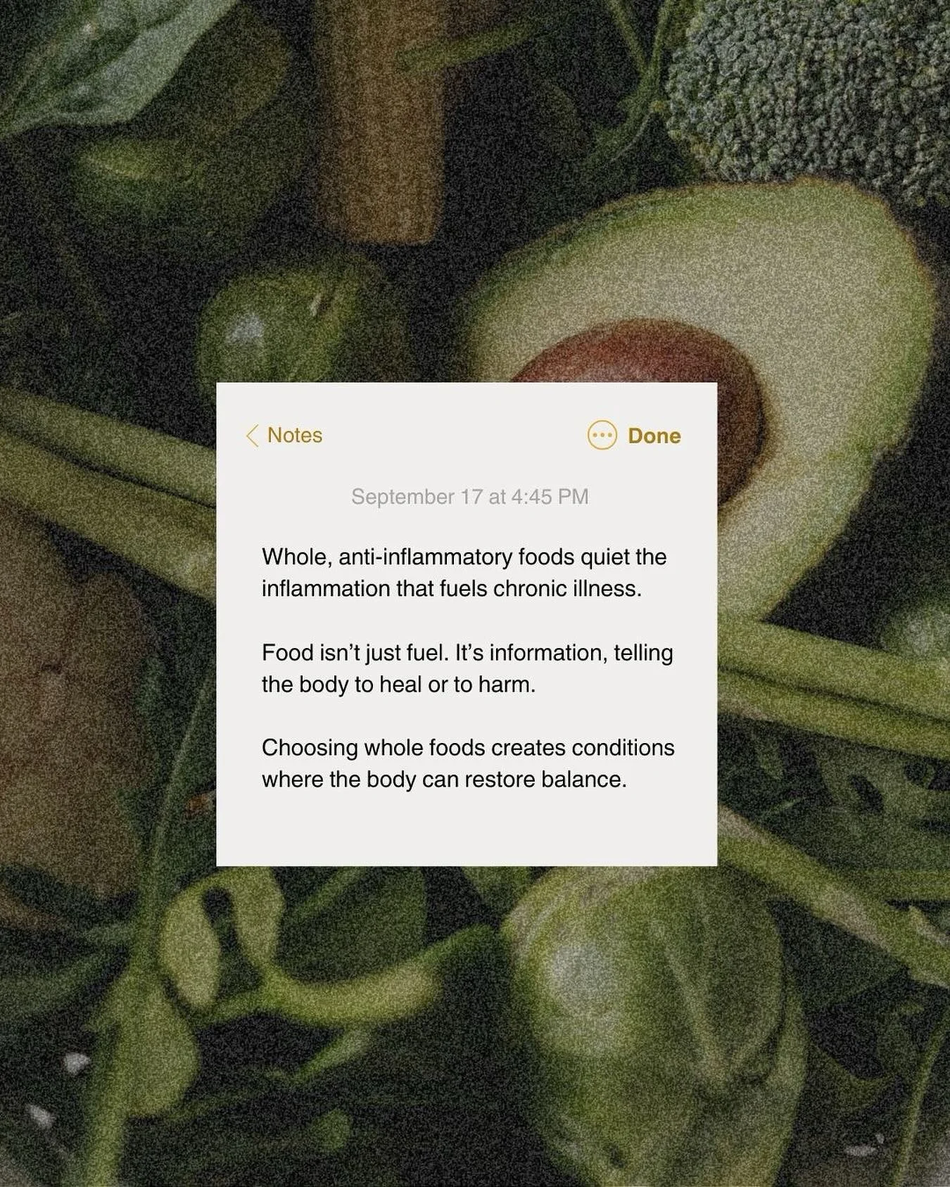 we focus on vegetables + fruits + lean proteins + healthy fats &amp; whole grains. 🥑✨ These foods reduce inflammation, support metabolic health, and lower the risk of chronic disease while promoting sustainable weight and vitality.
&bull;
&bull;
&bu