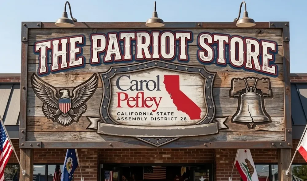Sign for The Patriot Store featuring an eagle emblem on the left, a California state outline in the center with the name Carol Peyley and district info, and a bell on the right.