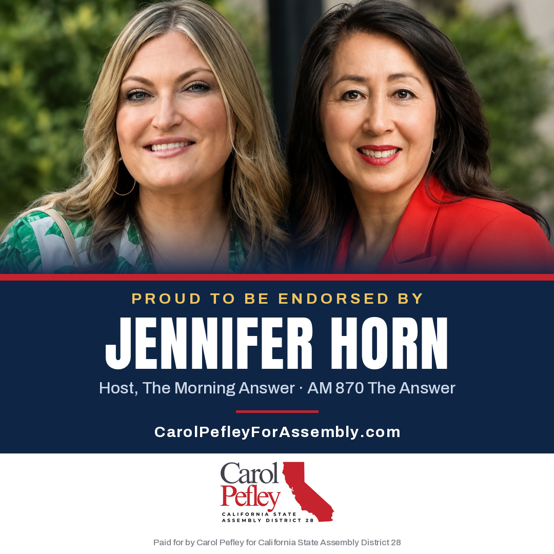 A political endorsement graphic featuring two women, with the text "Proud to be endorsed by Jennifer Horn, Host of The Morning Answer, AM 870 The Answer." Customer's website and a California State Assembly District 28 logo are also included.