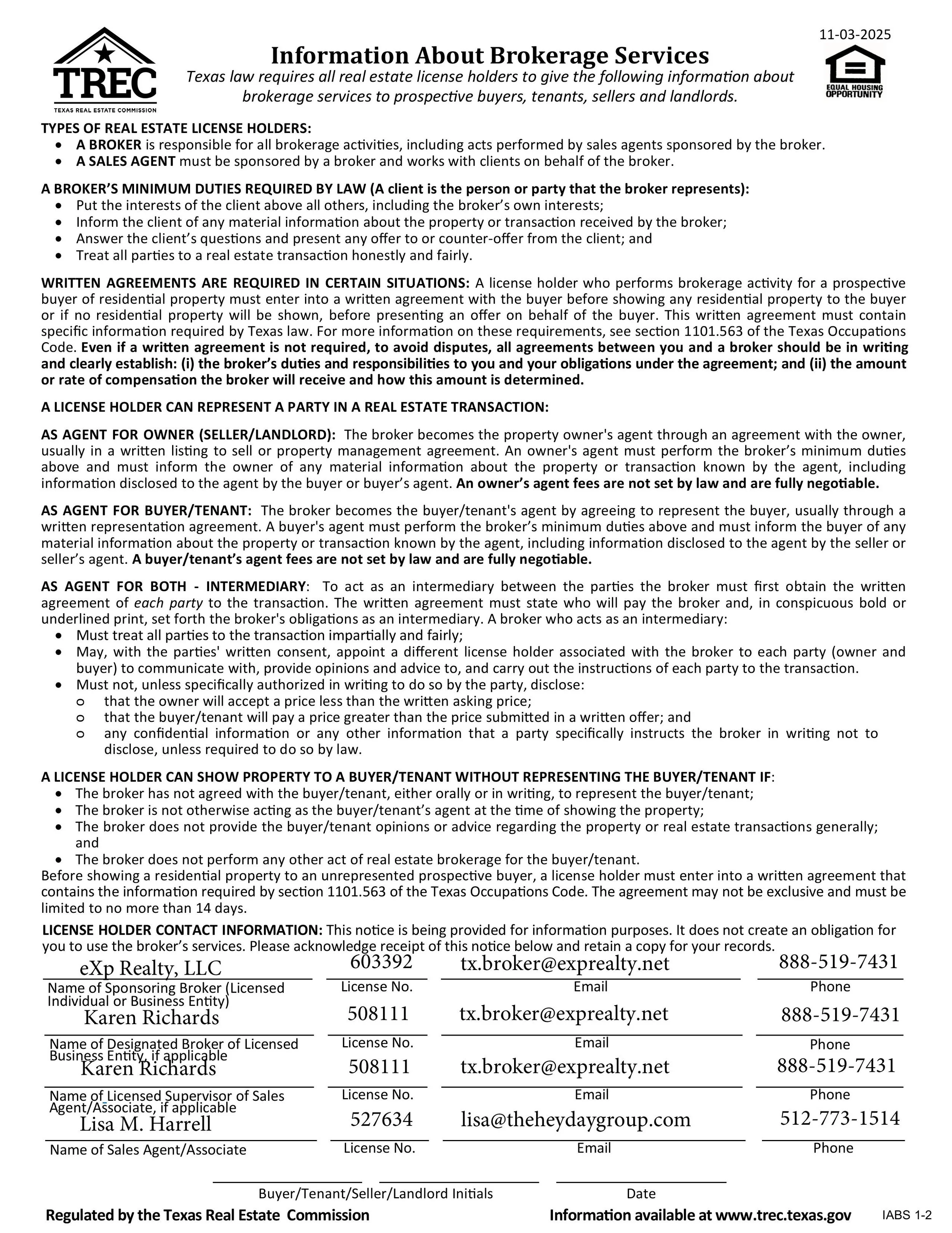 Information sheet from TREC about brokerage services, including types of real estate licenses, duties, written agreements, roles of agents, and contact details of brokers and agents in Texas.