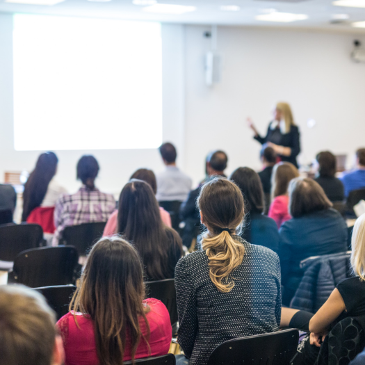 A female professor giving a lecture to an audience in a conference room.