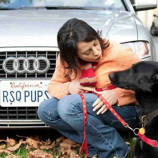 A woman squatting beside a black dog with a red leash, in front of a silver Audi car with a California license plate that reads 'R$ O PUPS'. The woman is wearing a peach sweater and a multicolored scarf and has dark hair.