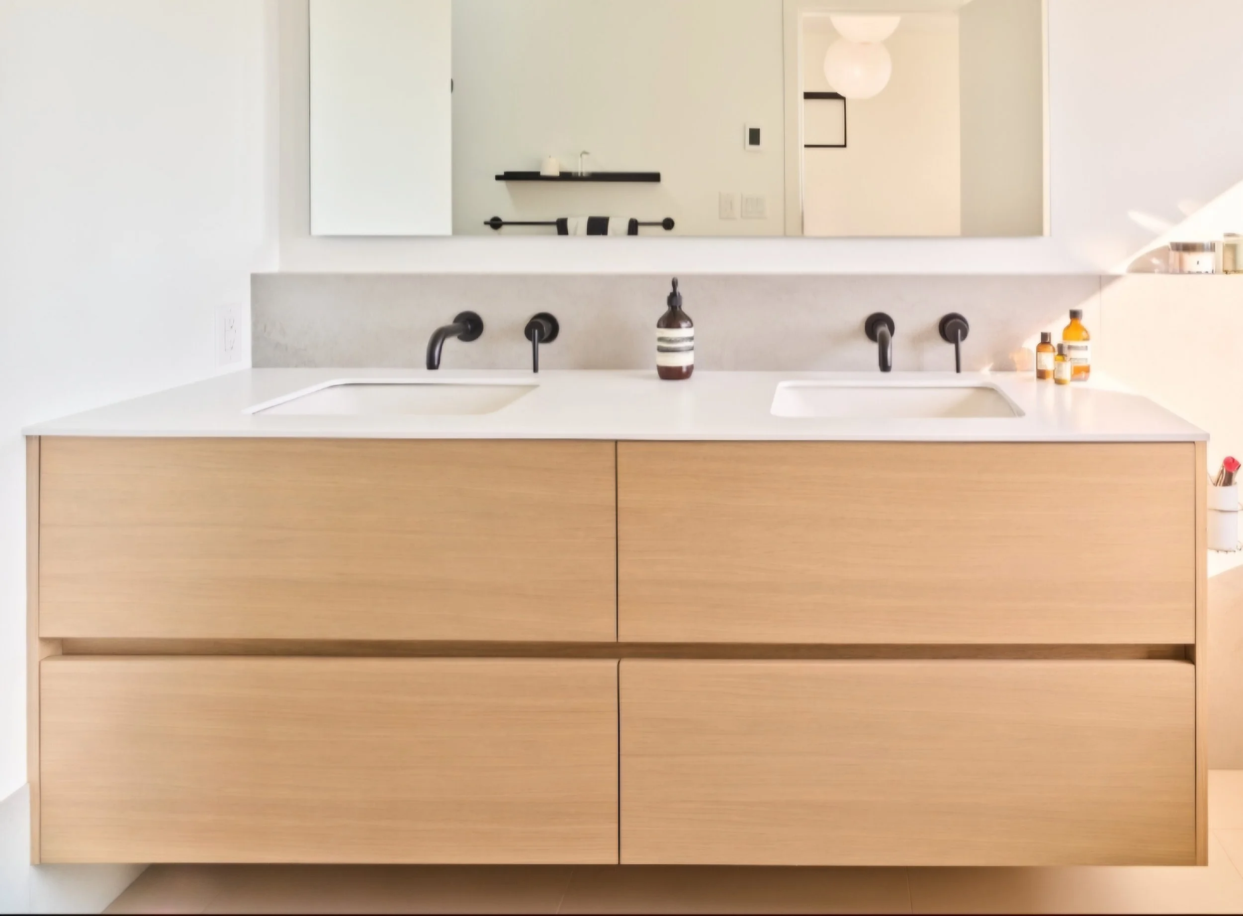 Modern bathroom vanity with dual sinks, black fixtures, a large mirror, and minimal decor.