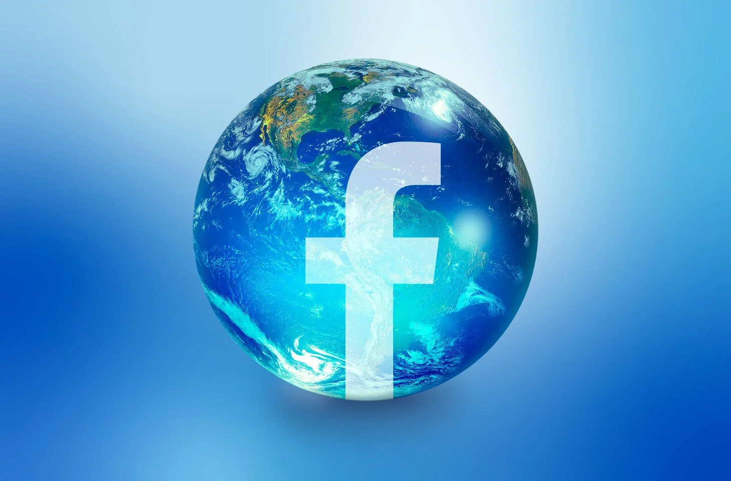 Earth with a large transparent Facebook logo overlay.