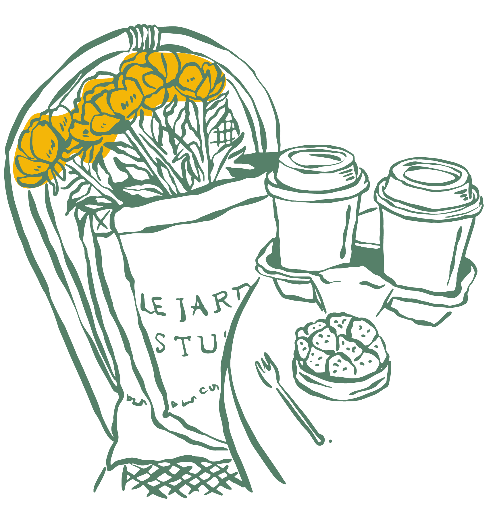Vintage-style illustration of a flower-filled bicycle basket, takeaway coffee cups, and a pastry on a napkin