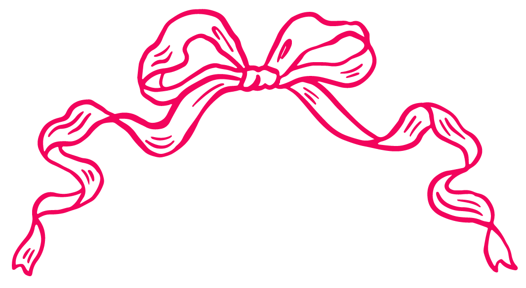 Pink hand-drawn ribbon bow with flowing curled ends on a black background