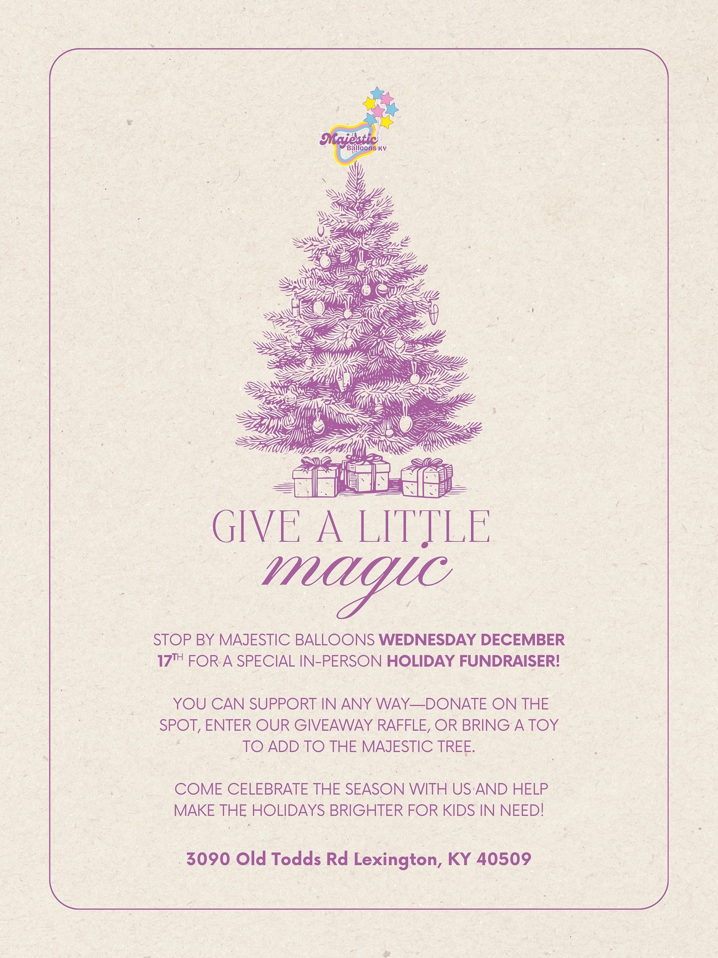 Be the magic this Christmas. ✨🎄💖

Stop by Majestic Balloons Wednesday to donate, drop a toy, or enter our raffle giveaway&mdash;every little bit helps make a child&rsquo;s holiday brighter!

We&rsquo;ll be at The Majestic Studio from 10am&ndash;7pm