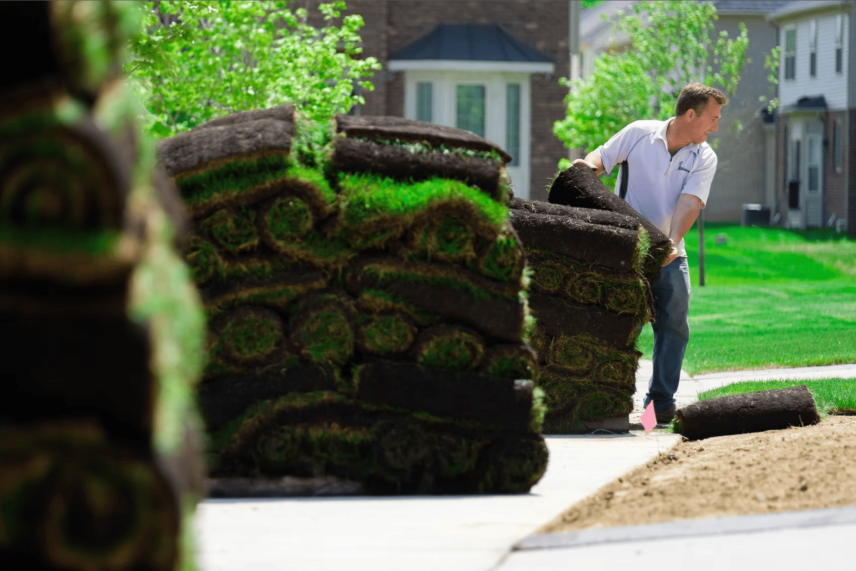 Close up of rolled sod prepared for installation at a residential site.