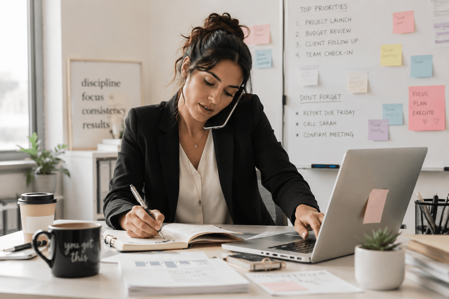 corporate high performing woman juggling tasks at work and dealing with burnout