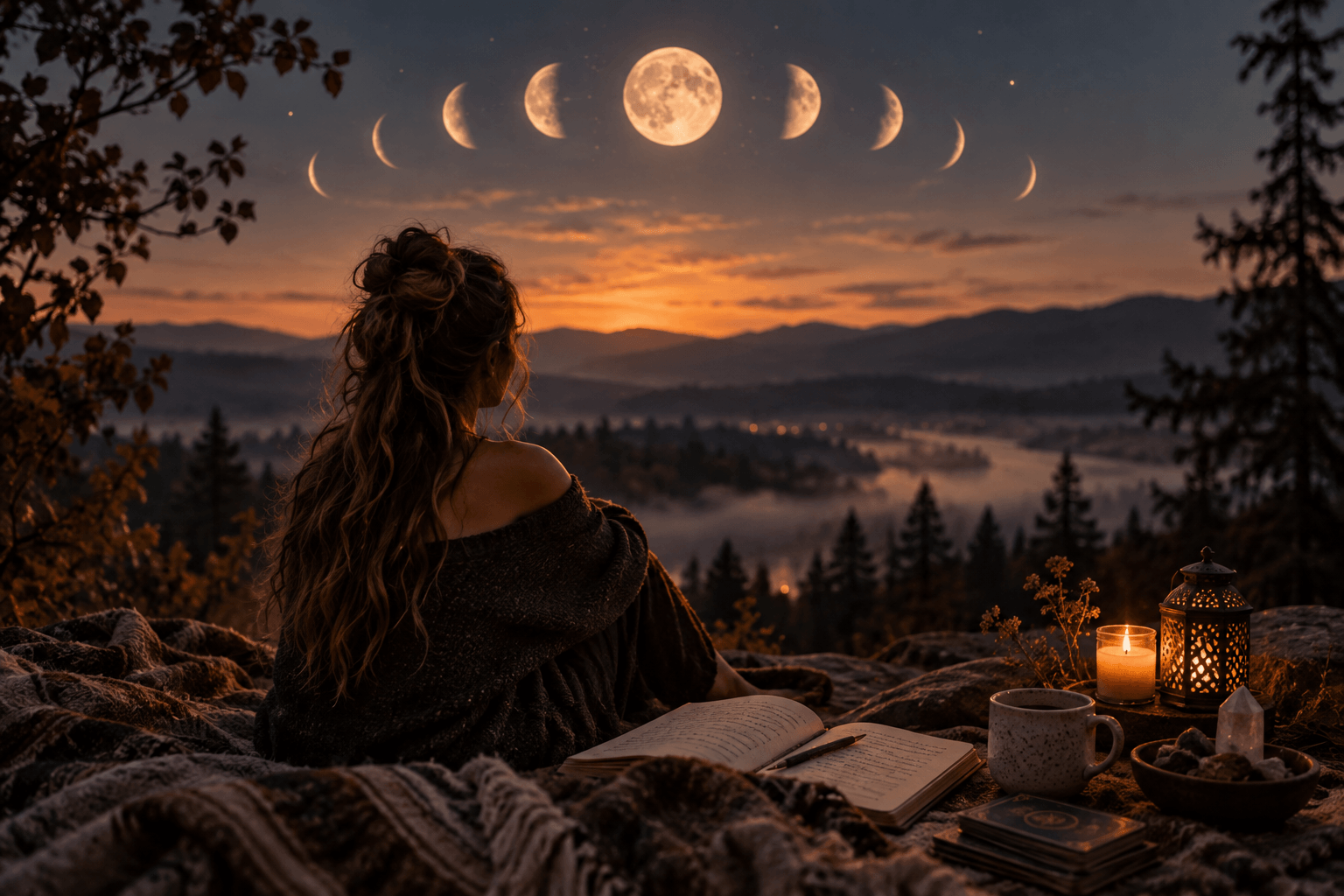 Woman journaling beneath the moon at twilight with candles, tarot cards, and crystals in a peaceful mountain setting noticing how the moon phases correlate with her mood.