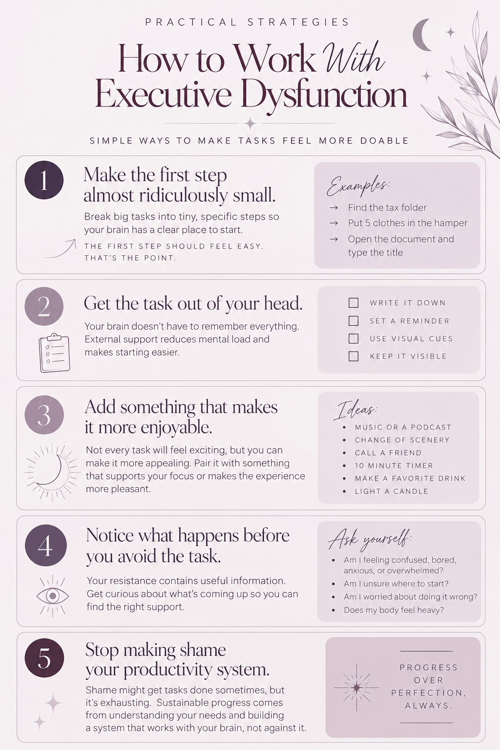 infographic sharing strategies and tips on dealing with executive dysfunction in adult women with adhd