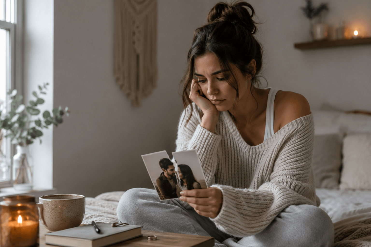 heartbroken woman looking at torn picture of couple after emotionally unavailable relationship breakup
