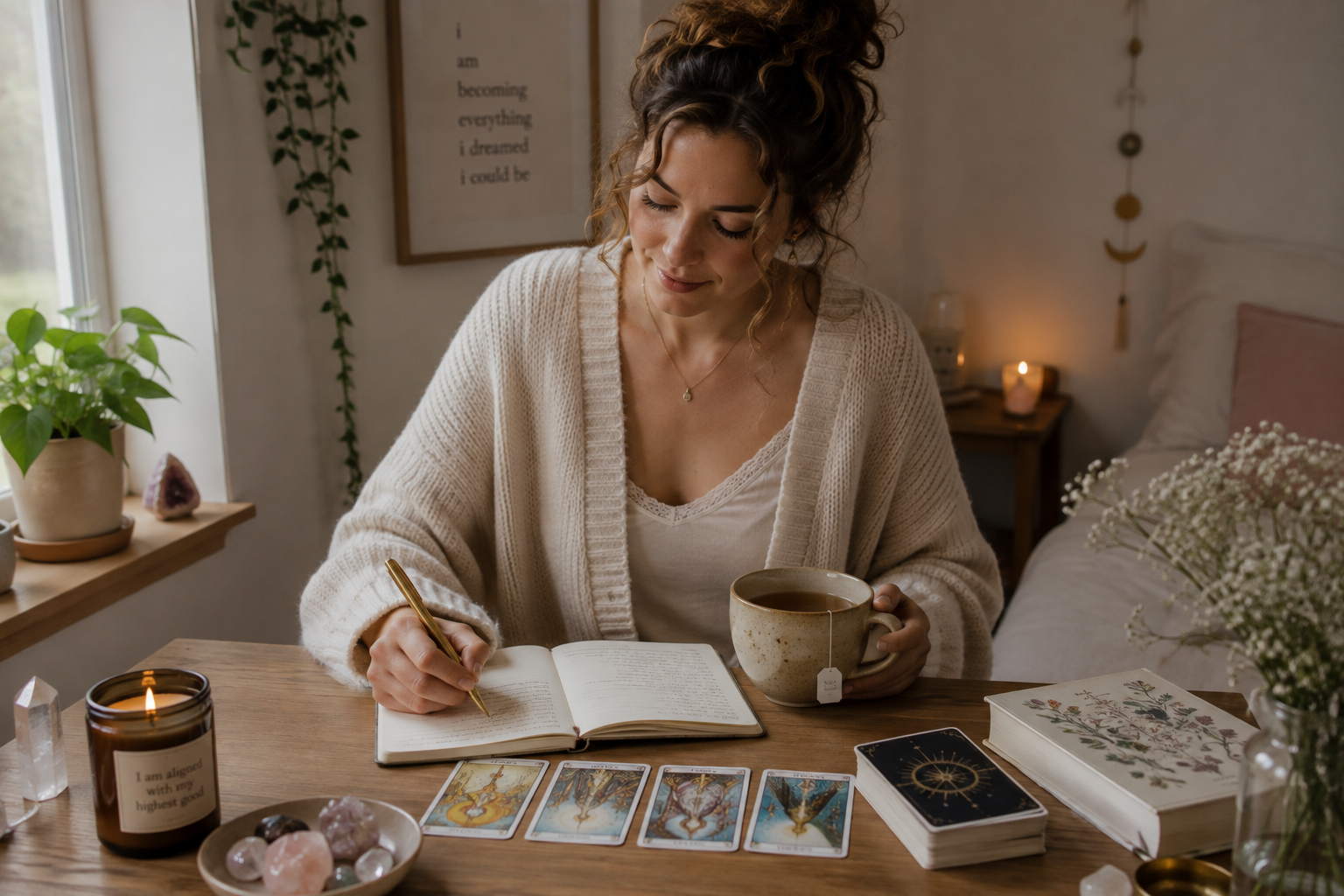 woman using tarot cards and journaling while combining evidence based therapy practices with spirituality