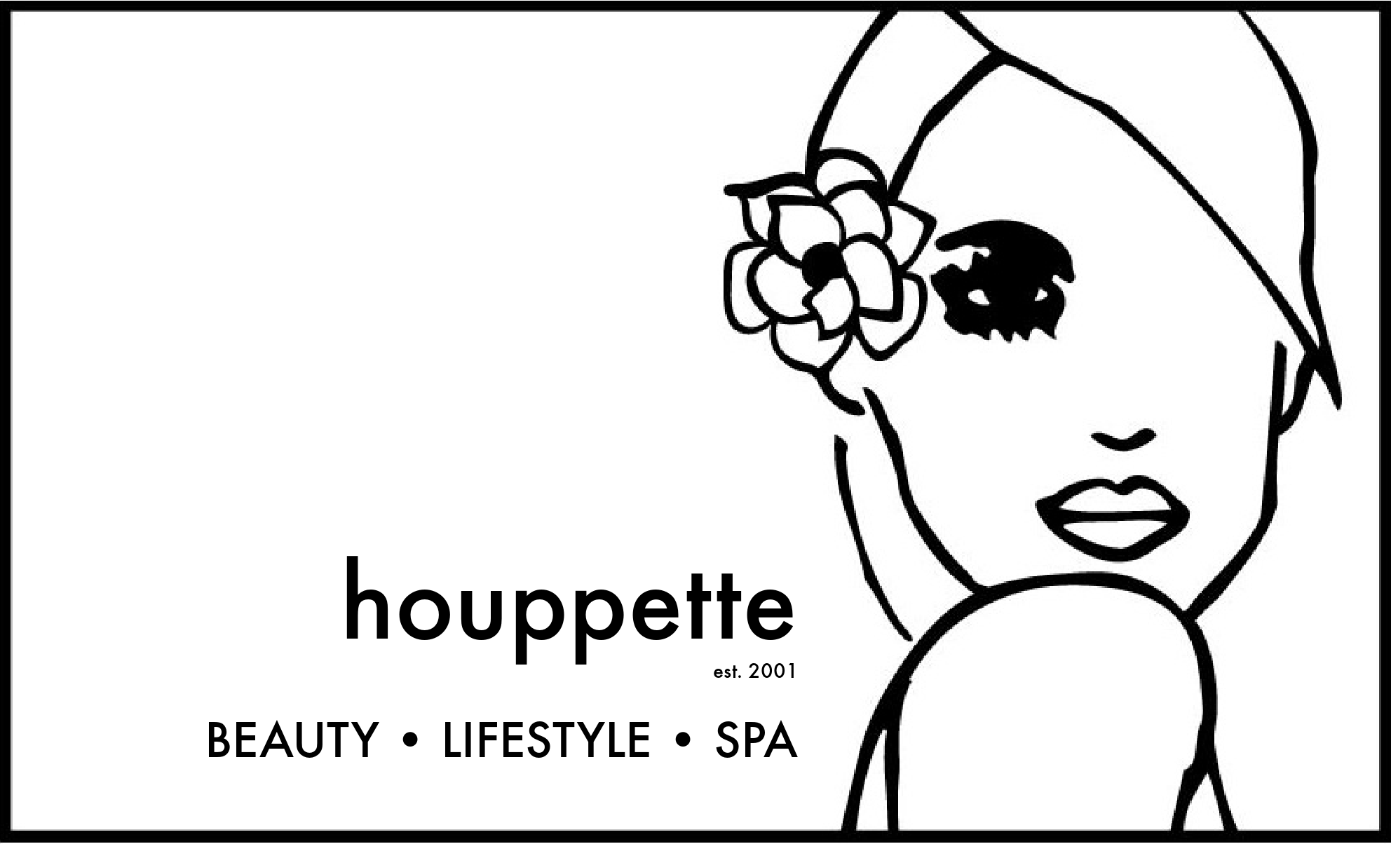 Black and white vector line drawing of a woman with a flower in her hair and an eye patch, alongside text that reads 'houpette, est. 2001, Beauty, Lifestyle, Spa'.