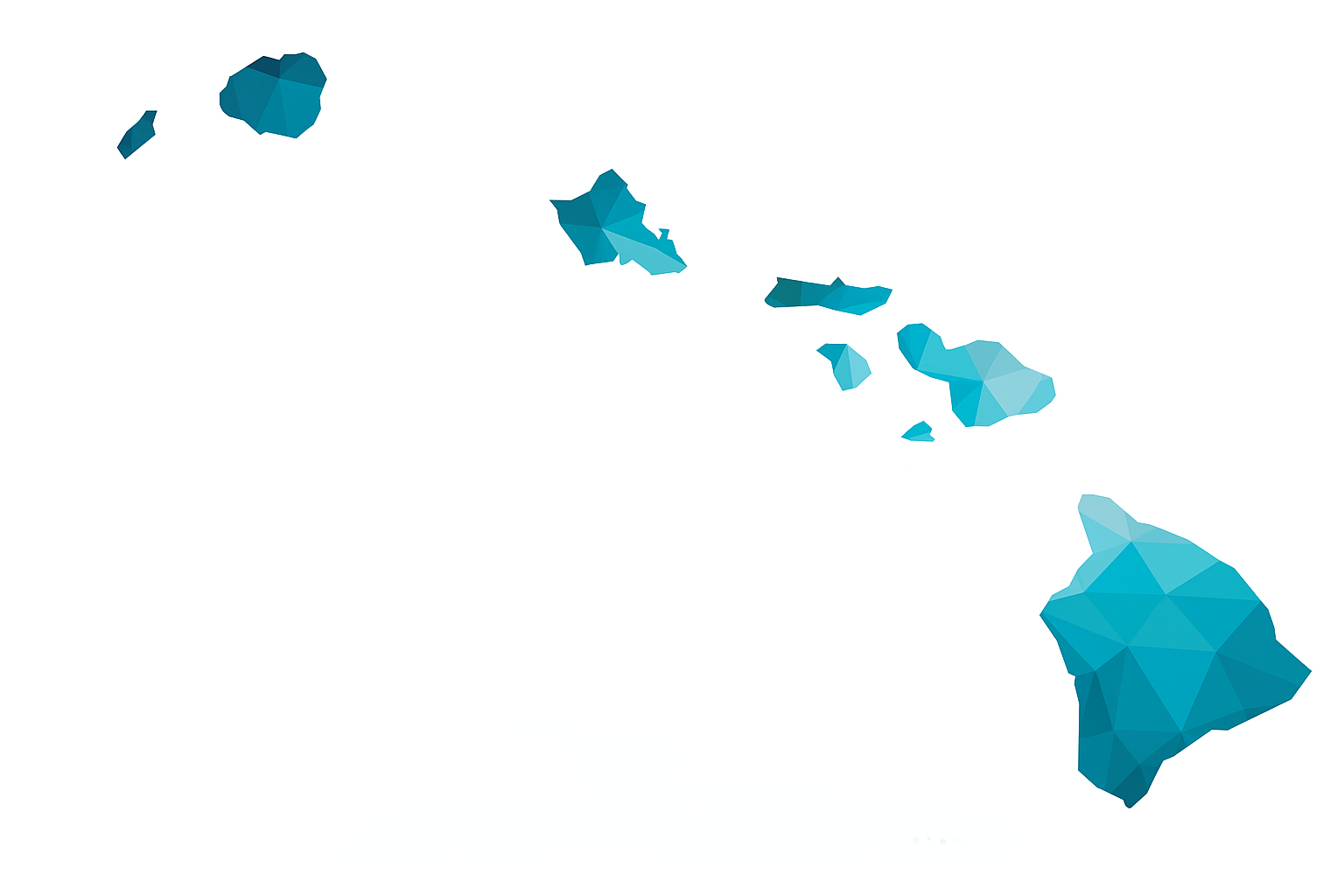 A stylized, low-poly map of the Hawaiian Islands in shades of blue on a white background.