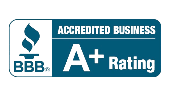 BBB logo with an A+ rating and 'Accredited Business' text.
