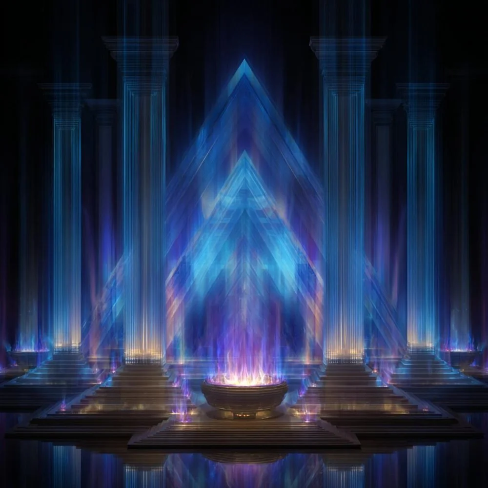 Flame burning in a stone brazier beneath a symmetrical pattern of blue and purple light rays