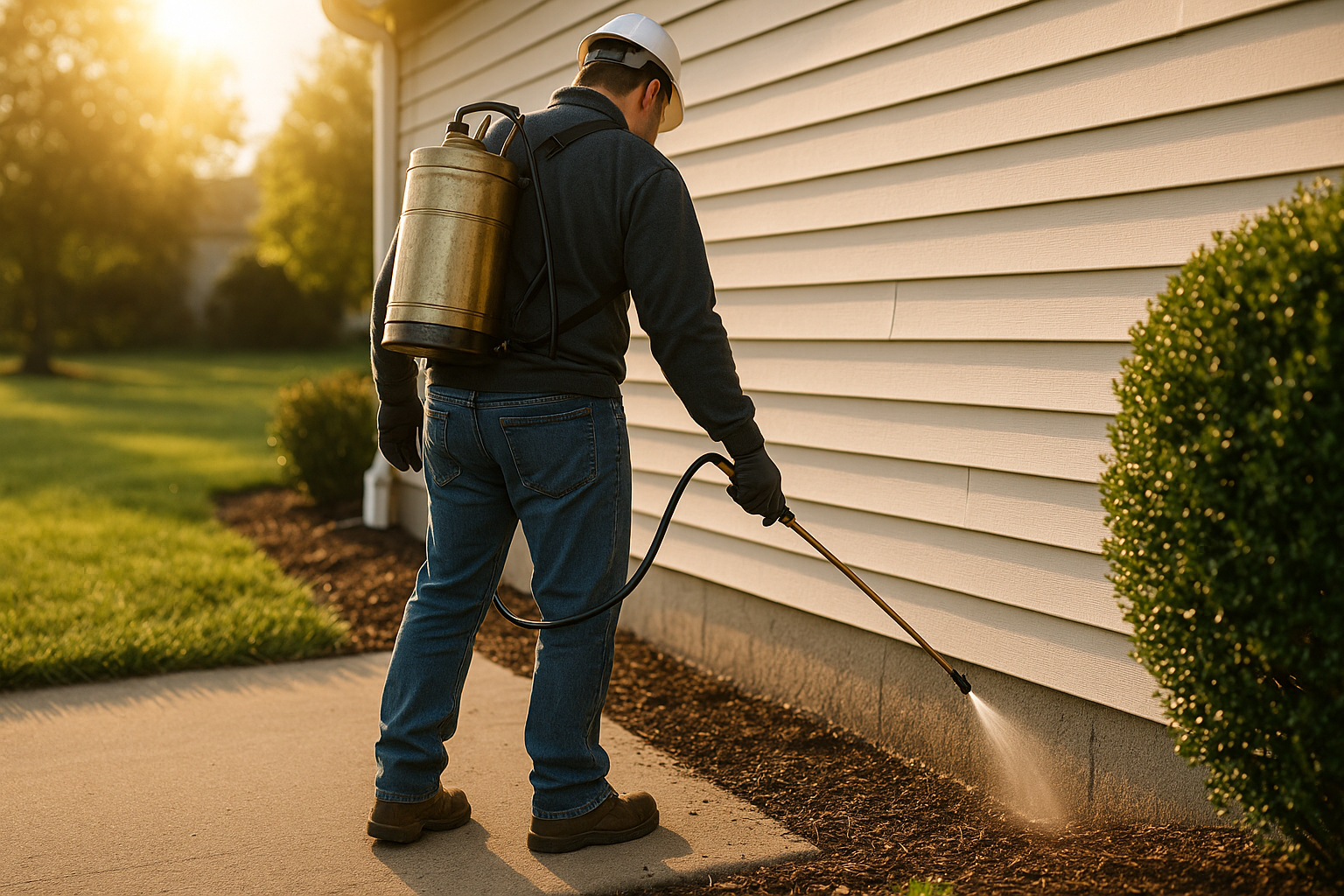 Exterminator carefully spraying pesticides