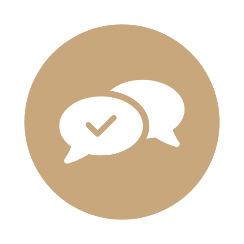Two speech bubbles, one with a check mark, on a round tan background.