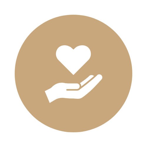 A white hand holding a heart symbol on a beige circular background.