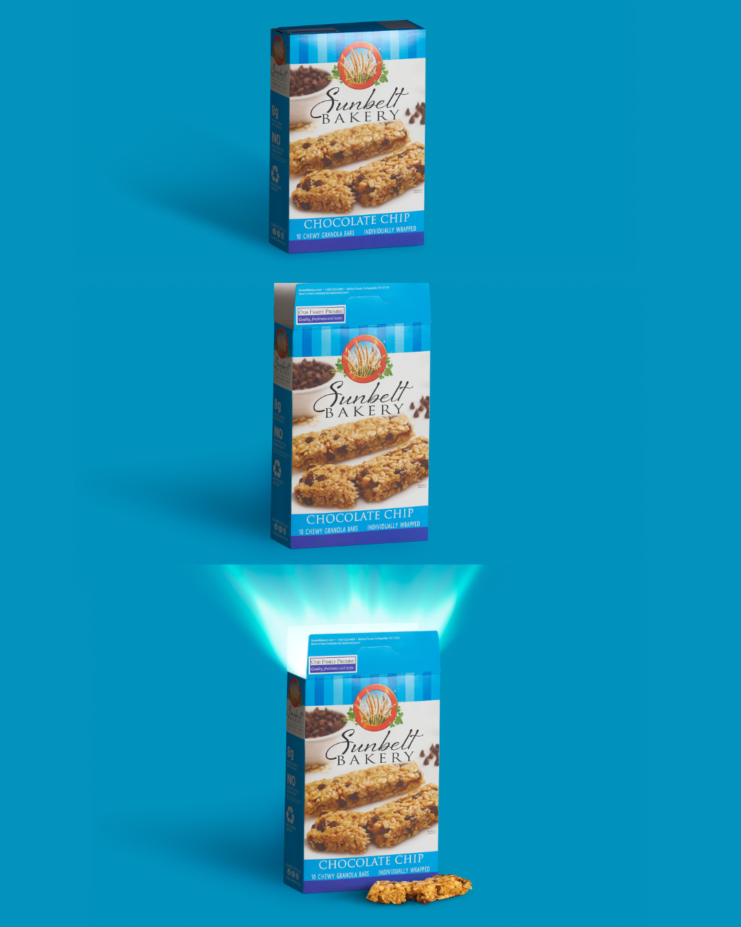 sunbelt barker chocolate chip granola bar box being opened with light coming out granola bar chocolate chip bar