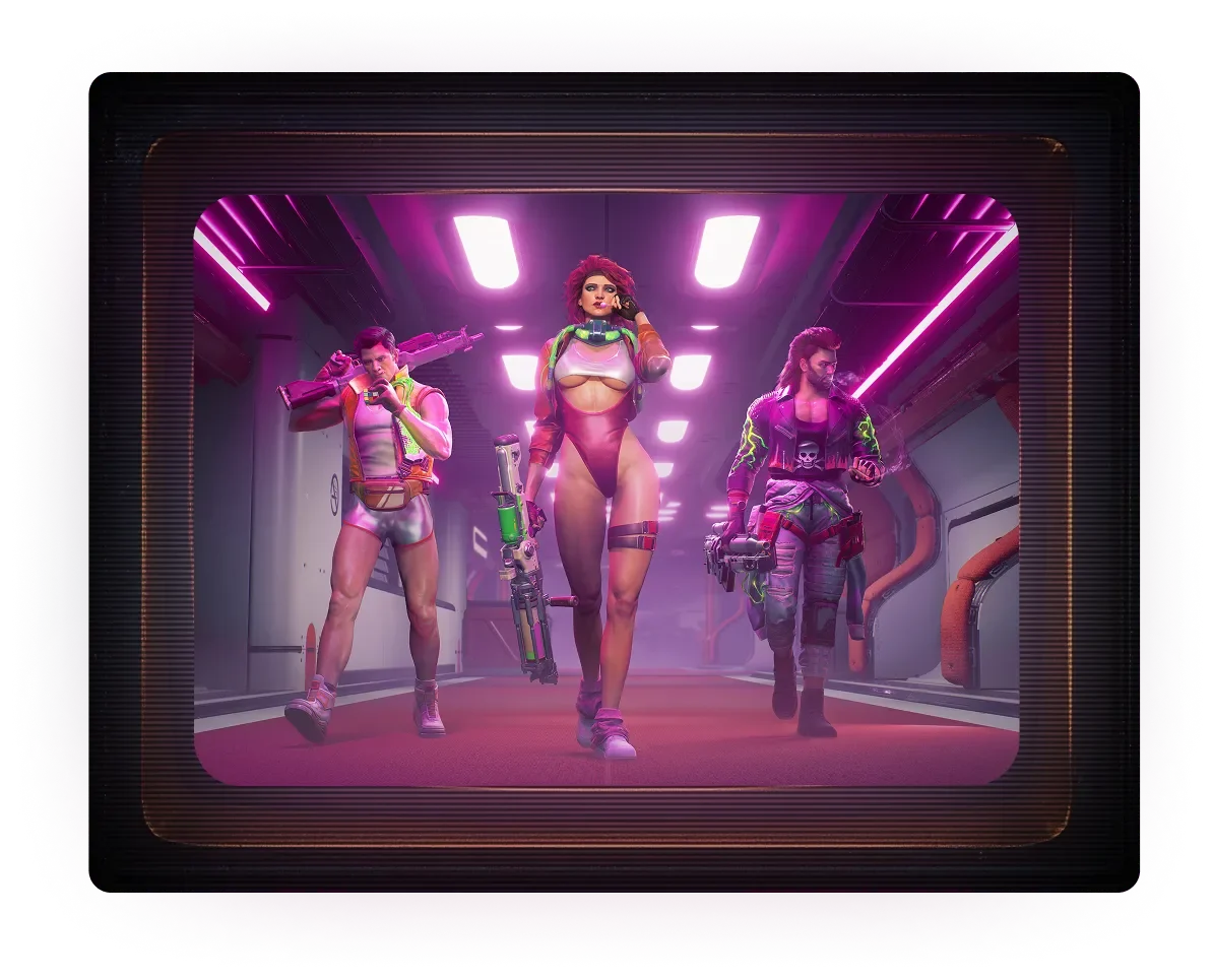 Futuristic cyberpunk scene with three women walking down a corridor with neon purple lighting, dressed in edgy, revealing outfits and carrying weapons.