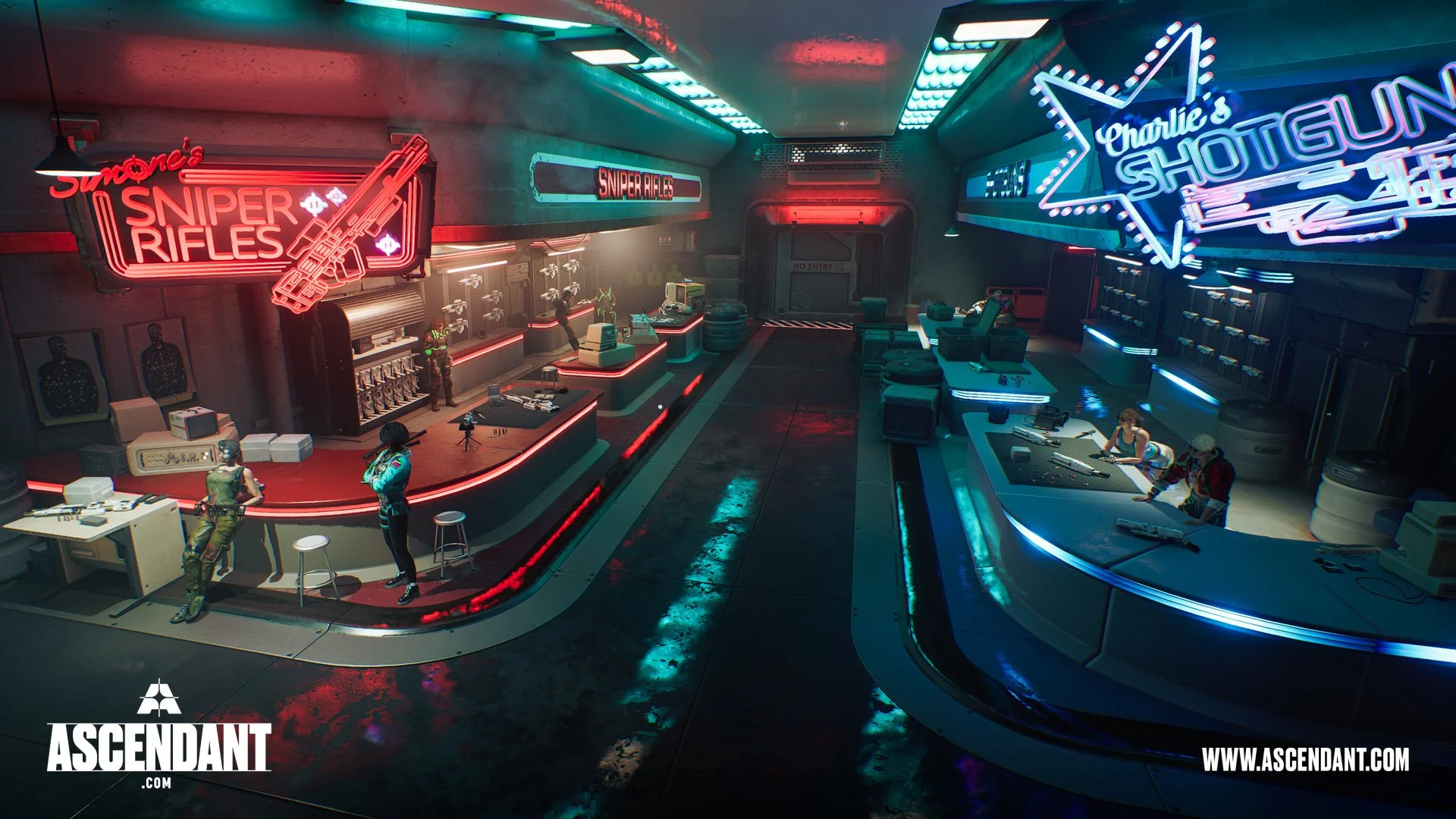 A neon-lit shooting range arcade scene with two sections: one for sniper rifles on the left and one for shotguns on the right, with players aiming weapons and neon signs reading 'Sniper Rifles' and 'Charlie's Shotgun'.