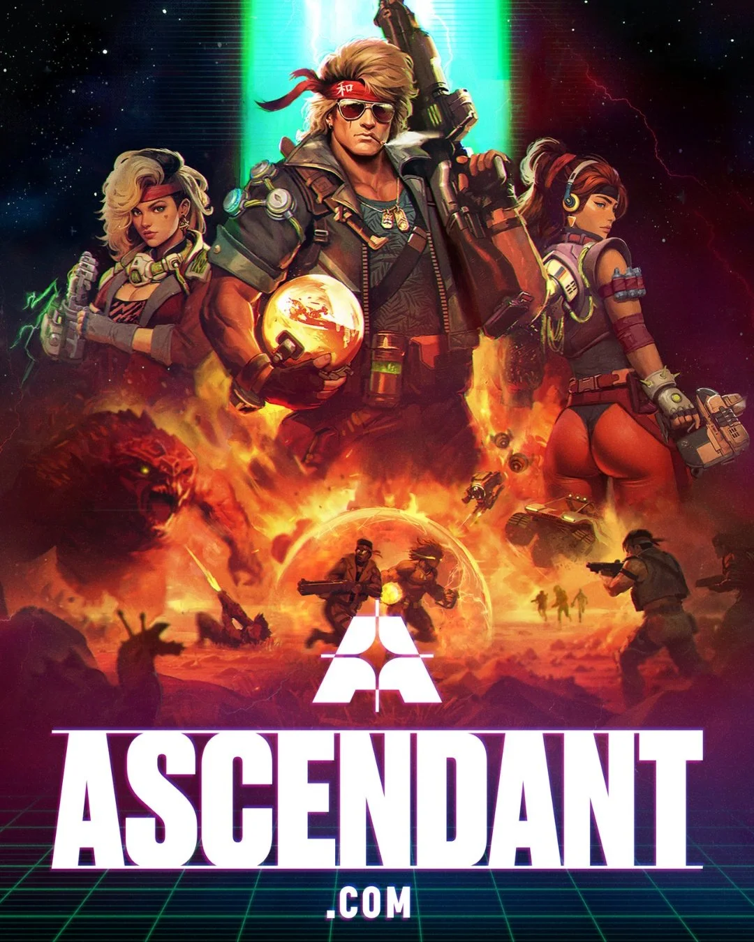 Futuristic video game poster titled 'Ascendant' showing three central characters in sci-fi armor amid explosions, robots, and alien creatures, with a neon grid pattern and cosmic background.