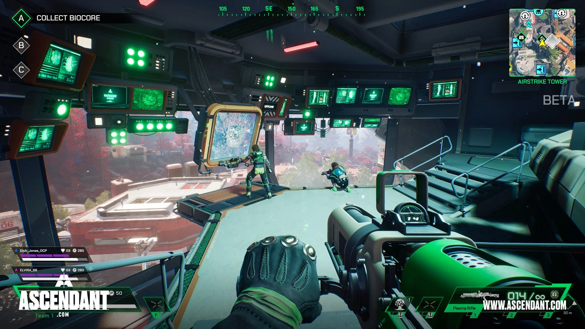 In-game screenshot from a first-person shooter video game, showing a futuristic control room with multiple screens and players preparing to descend from a platform. The interface displays objectives and health indicators.