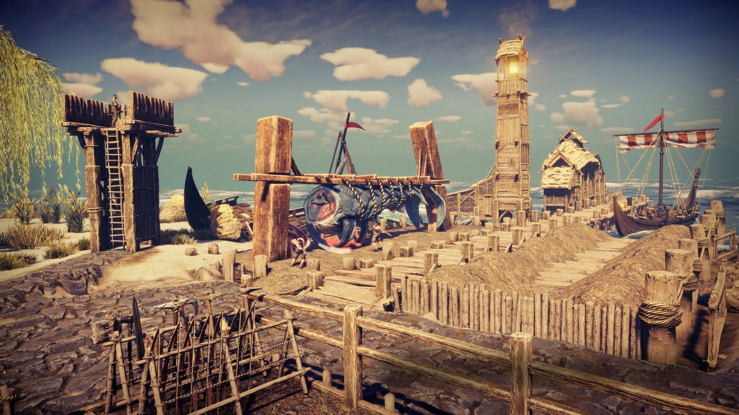 A stylized, digital scene of a Viking-style seaside settlement featuring wooden structures, a lighthouse, a ship, and a large fish; the scene is colorful and animated.