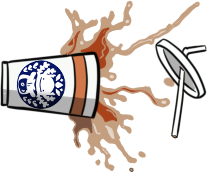 A disposable coffee cup spilling coffee onto a table.