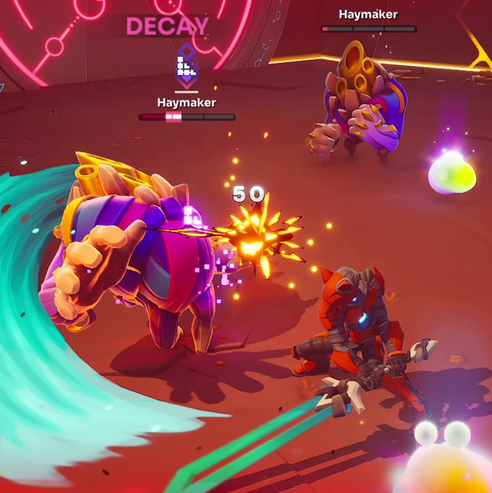 Two robotic characters engaged in combat in a colorful, animated video game setting. One robot is pink and purple, and the other is red and dark gray. There are glowing effects and health bars above each character, with one character taking damage, as indicated by the appearing number '50.' The background features neon pink and yellow elements and a circular grid pattern.