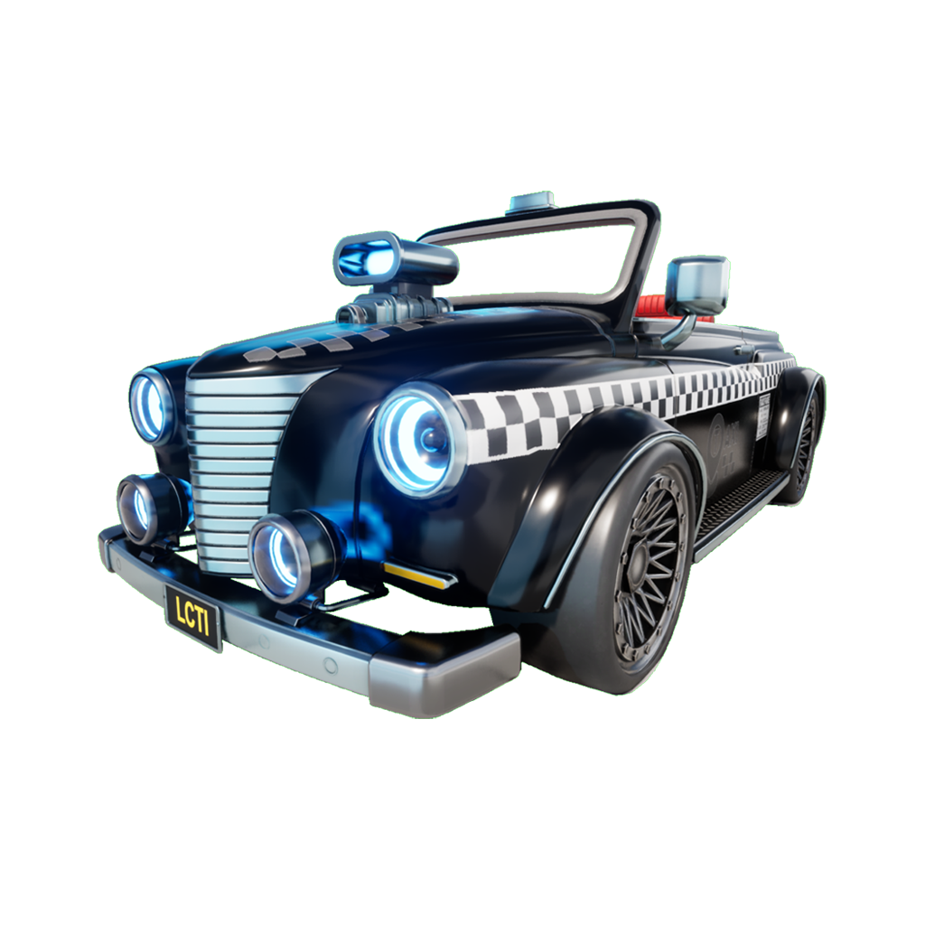 A futuristic toy police car with a black body, checkered pattern, blue lights, and a siren on top, against a green screen background.