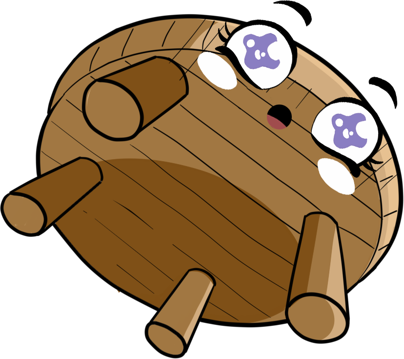 Cartoon drawing of a round wooden log with four smaller logs attached, featuring a face with big, teary eyes and a sad expression.